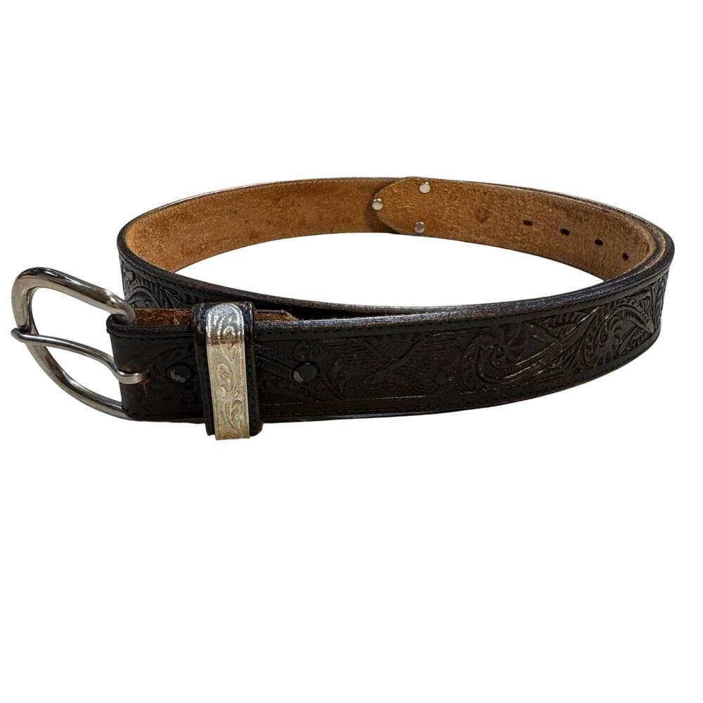 Vintage Silver Creek Collection Tooled Leather Belt Mens 42 Brown Made in USA